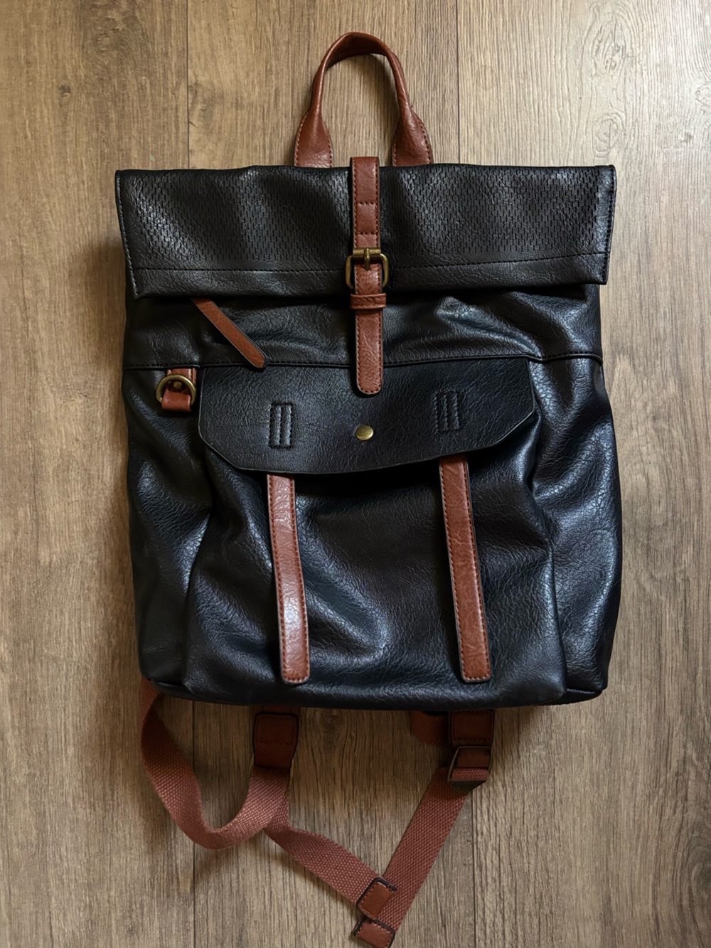 Men's Black Faux Leather Backpack with Brown Trim and Buckle